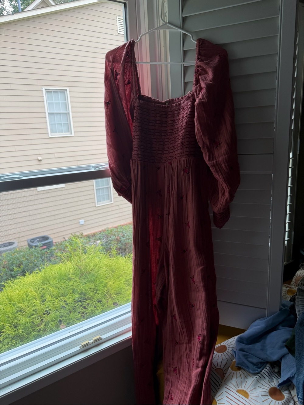 Free People dahlia Burgundy Smocked Long Sleeve jumpsuit